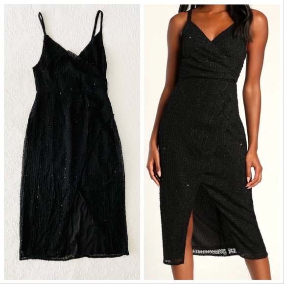 NWOT Lulus Total Temptation Black Textured Faux-Wrap Midi Dress Large - Picture 1 of 6